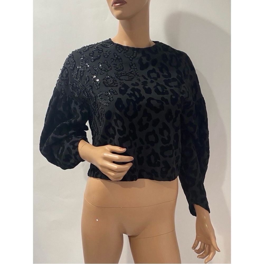 Topshop Black Sequin Leopard Print Cropped Sweater Blouse Top Size 6